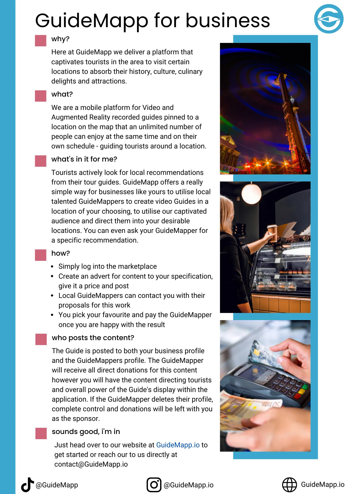 GuideMapp for business one-pager. Local businesses post paid content requests and guides bid.