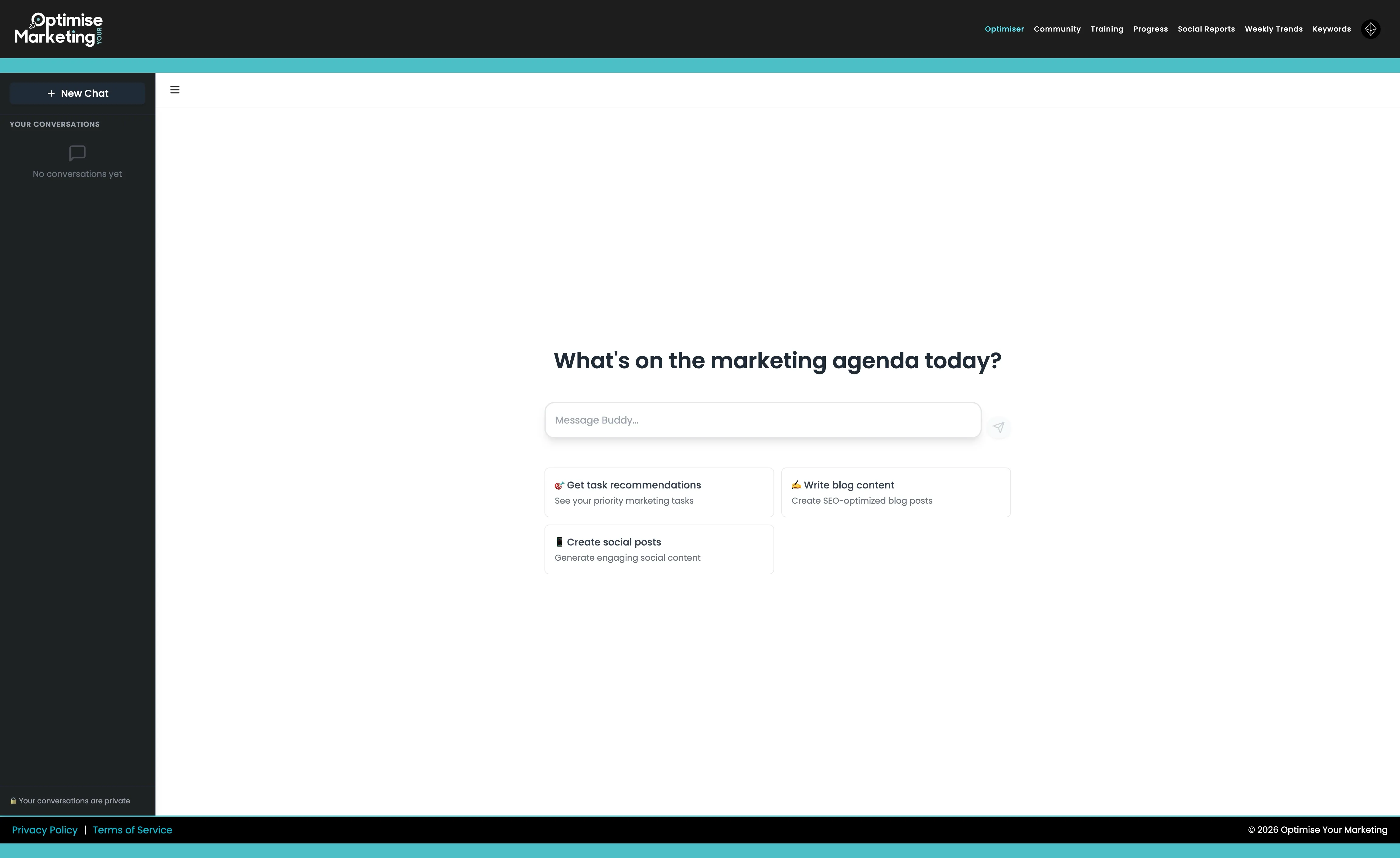 Buddy, the members' AI assistant, asking "What's on the marketing agenda today?" with task recommendations and content tools.