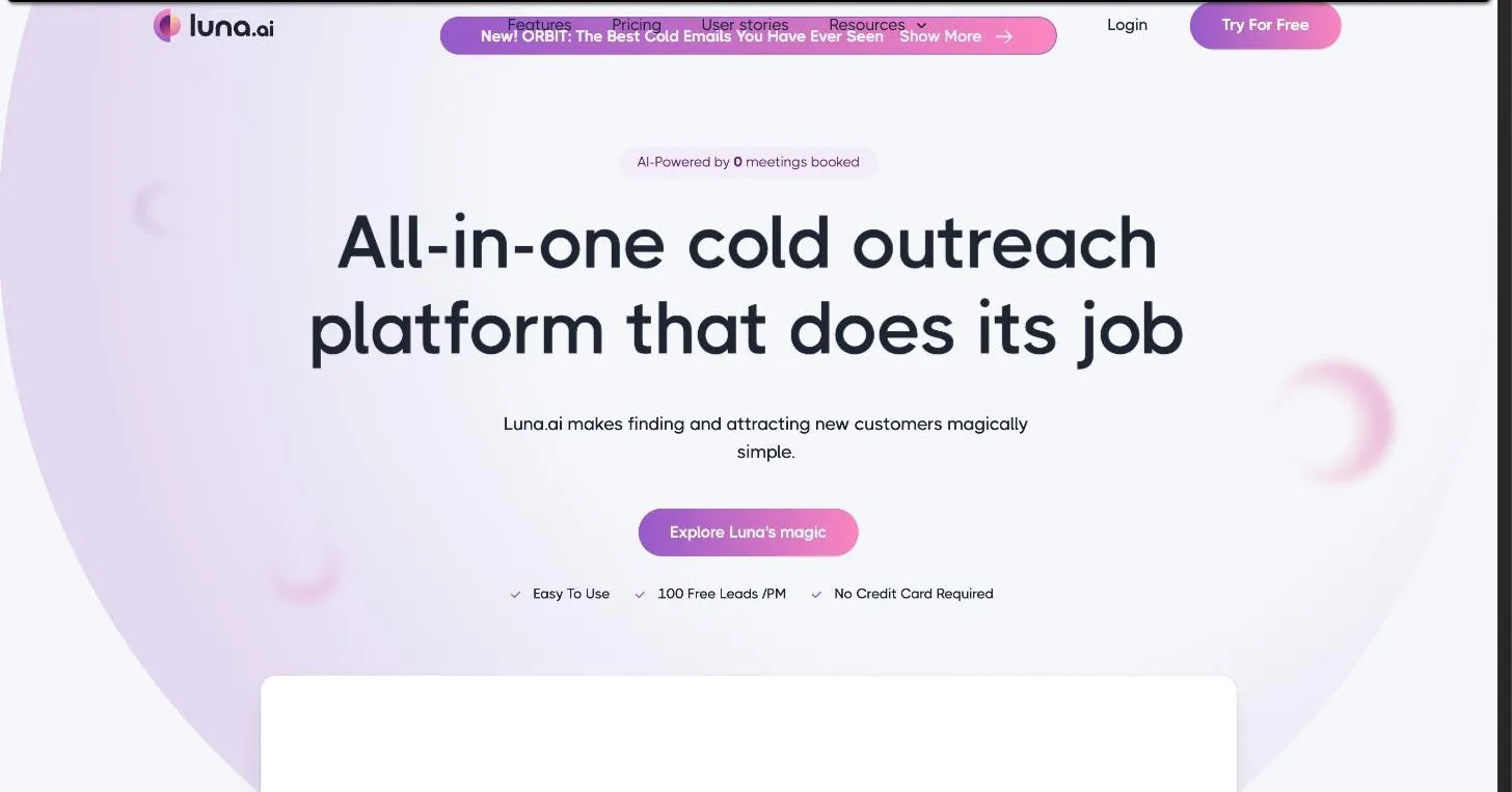 The luna.ai homepage in December 2024. All-in-one cold outreach platform that does its job.