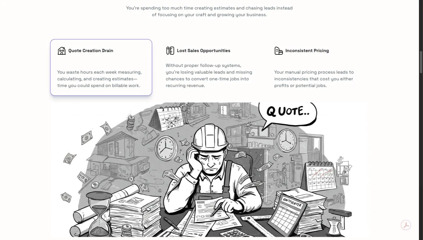 Priceable's problem cards describing what slow quoting costs a contracting business.