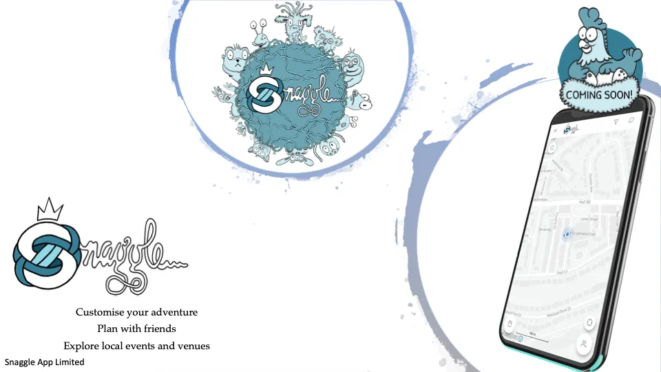 The Snaggle pitch deck cover, hand-drawn creatures around the Snaggle logo and a prototype map app on a phone marked coming soon.